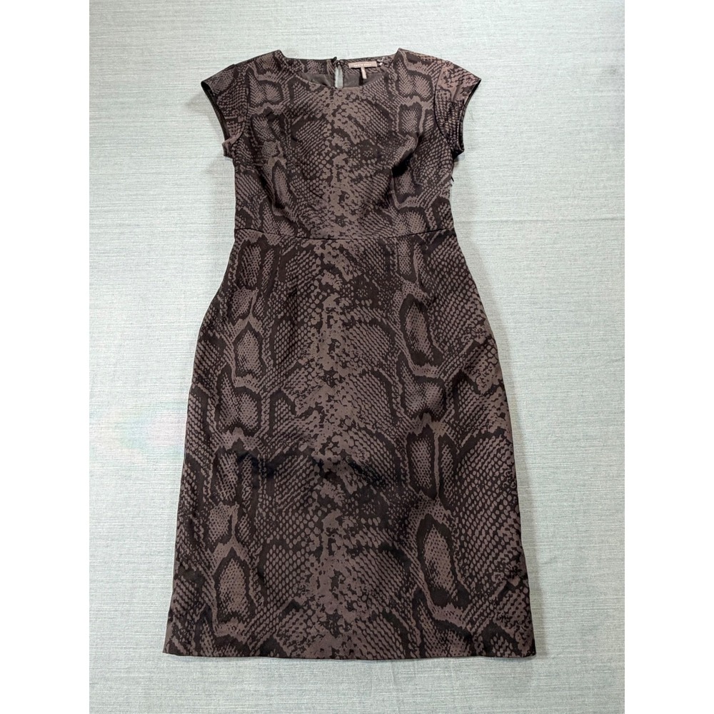 Kristin Davis Brown Snakeskin Sheath Dress Size 4 Cap Sleeve Animal Print Midi